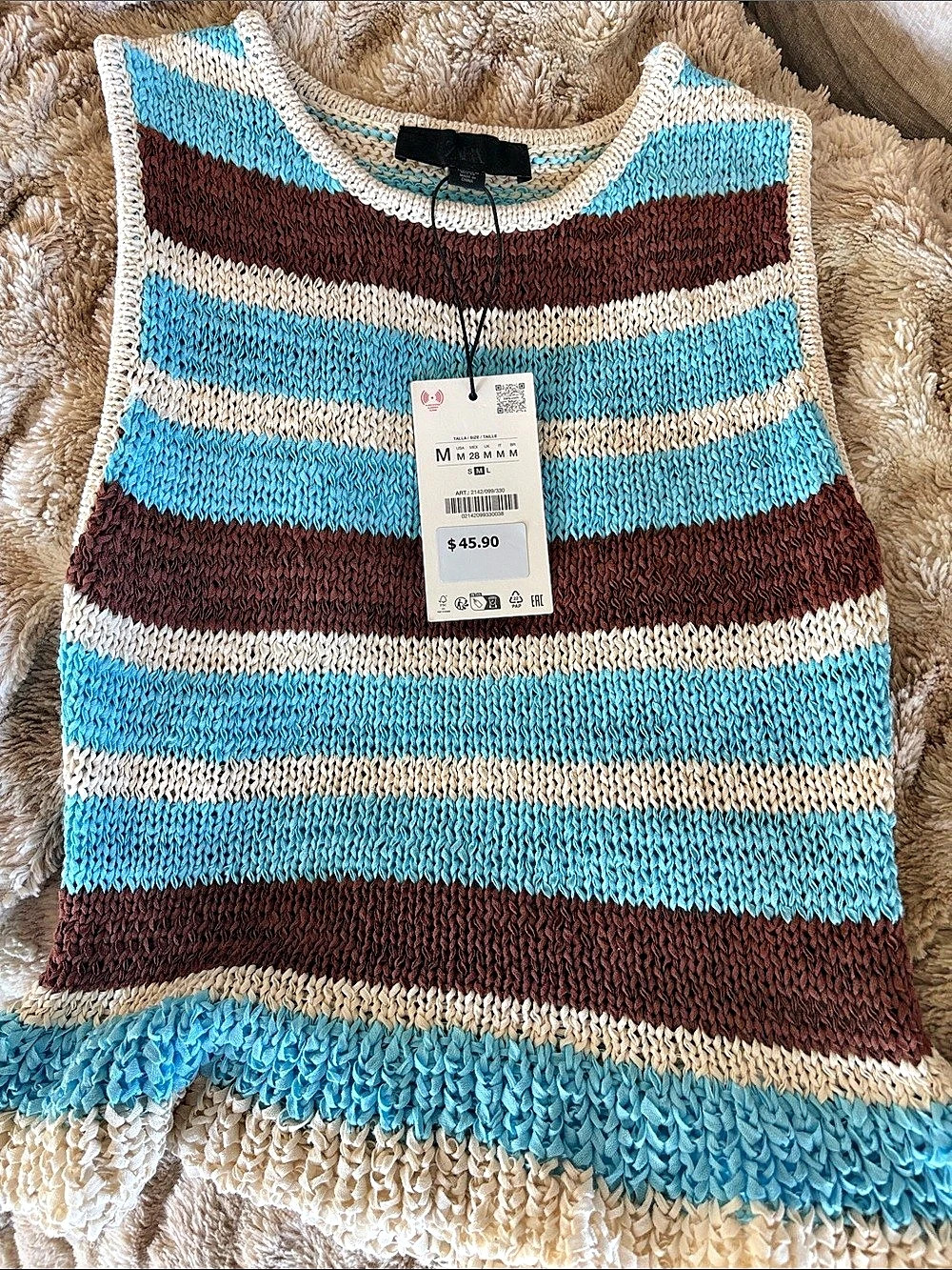 ZARA Striped Ruffled Knit Top Tank Blue & Brown Medium